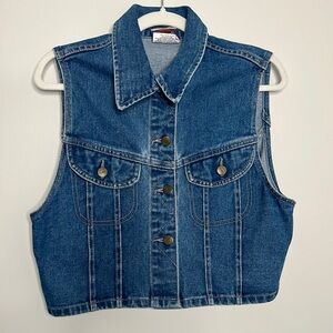 Blue Denim Sleeveless Vest Vintage Crop Sleeveless jacket collared pocket